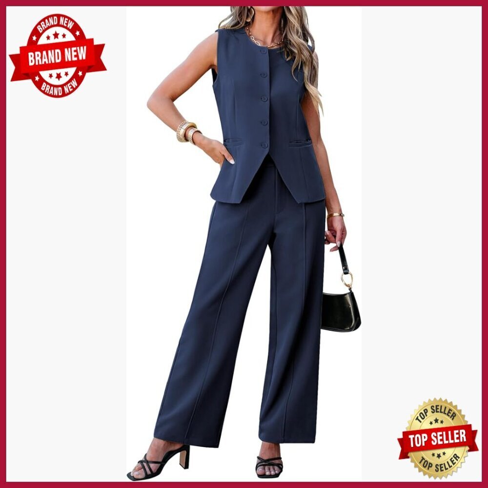 Sleeveless Blazer Vest Wide Leg Pantsuit Set Business Casual Outfit
